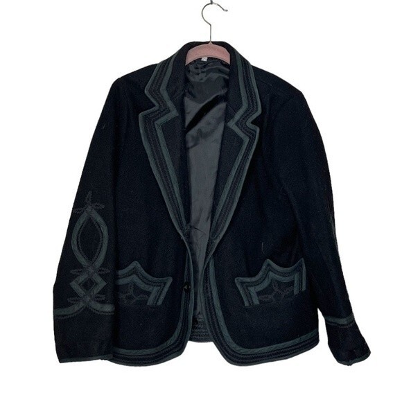 Black Blazer Wool Appliqué Design Two Button Closure VINTAGE Retro - Picture 5 of 12